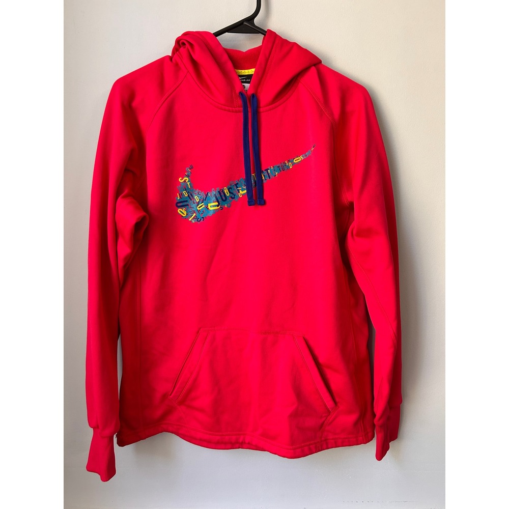 Nike Therma-FIT Hoodie Pink Red Just Do It Swoosh Pullover Thumbholes Womens M